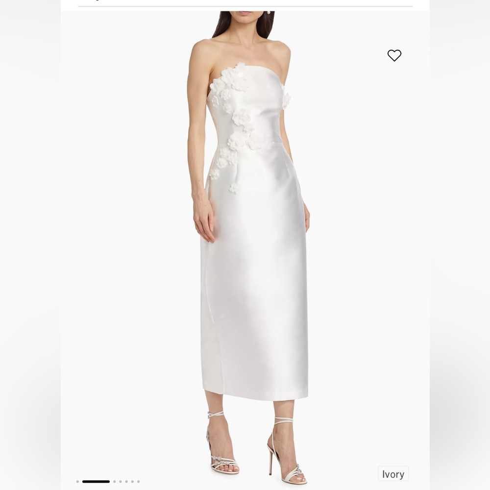 Serafina Satin Strapless Floral Appliqué Midi Dress